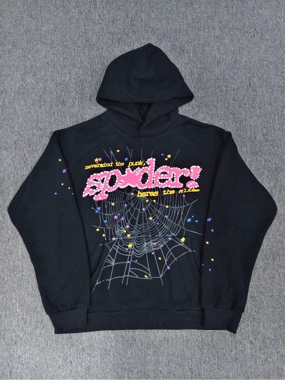 Black Graphic Hooded Cardigan with Pink Logo and Spiderweb Detail